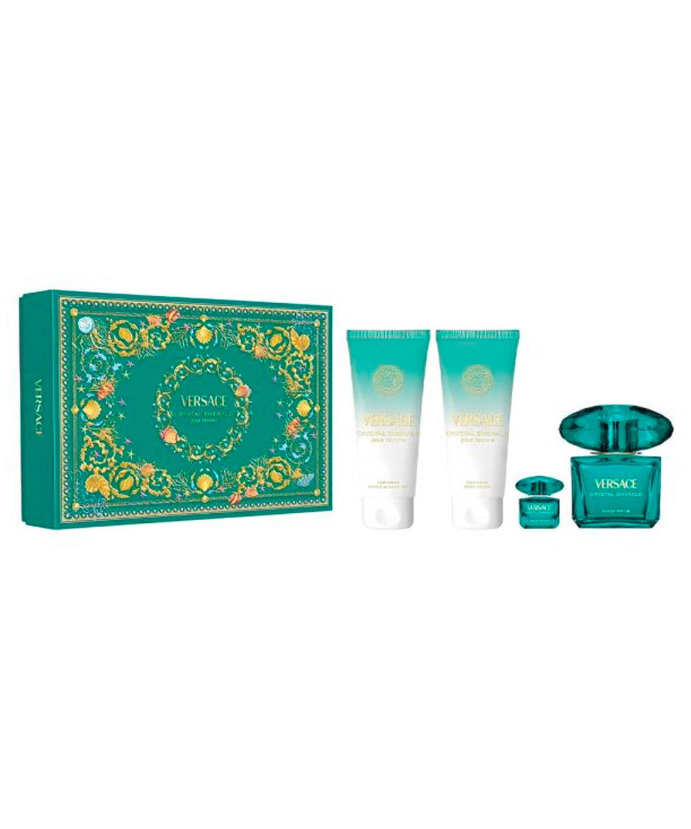 Gianni Versace Crystal Emerald Pour Femme Eau de Parfum 3oz + BodyLotion 3.4oz + ShowerGel 3.4oz + Eau de Parfum 0.17oz Gift Set For Women