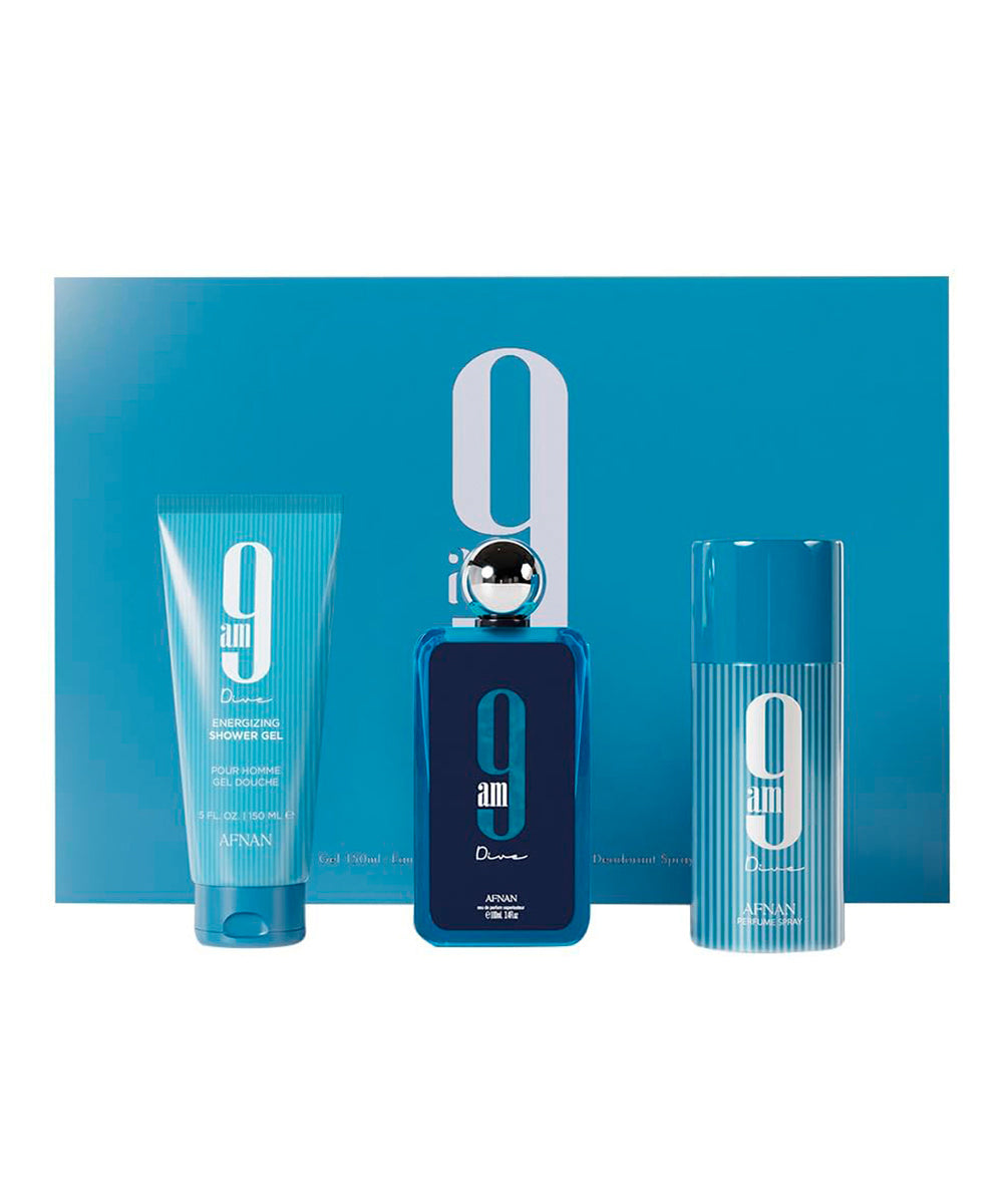 Afnan 9 Am Dive 3.4oz Eau de Parfum + 5oz Shower Gel + 5oz Deodorant Gift Set For Men