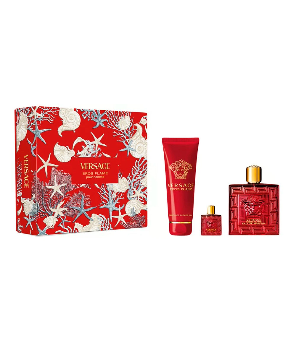 Gianni Versace Eros Flame Eau de Parfum 3.3oz + Eau de Parfum 0.17 + Shower Gel 5oz Gift Set For Men