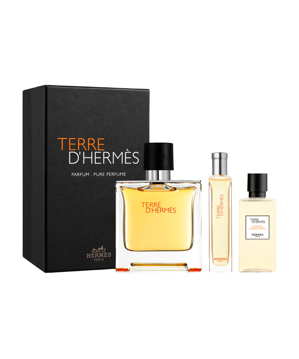 Hermes Terre D'Hermes Pure Parfum 2.5oz + Mini 0.5oz + Shower Gel 1.35oz Gift Set For Men