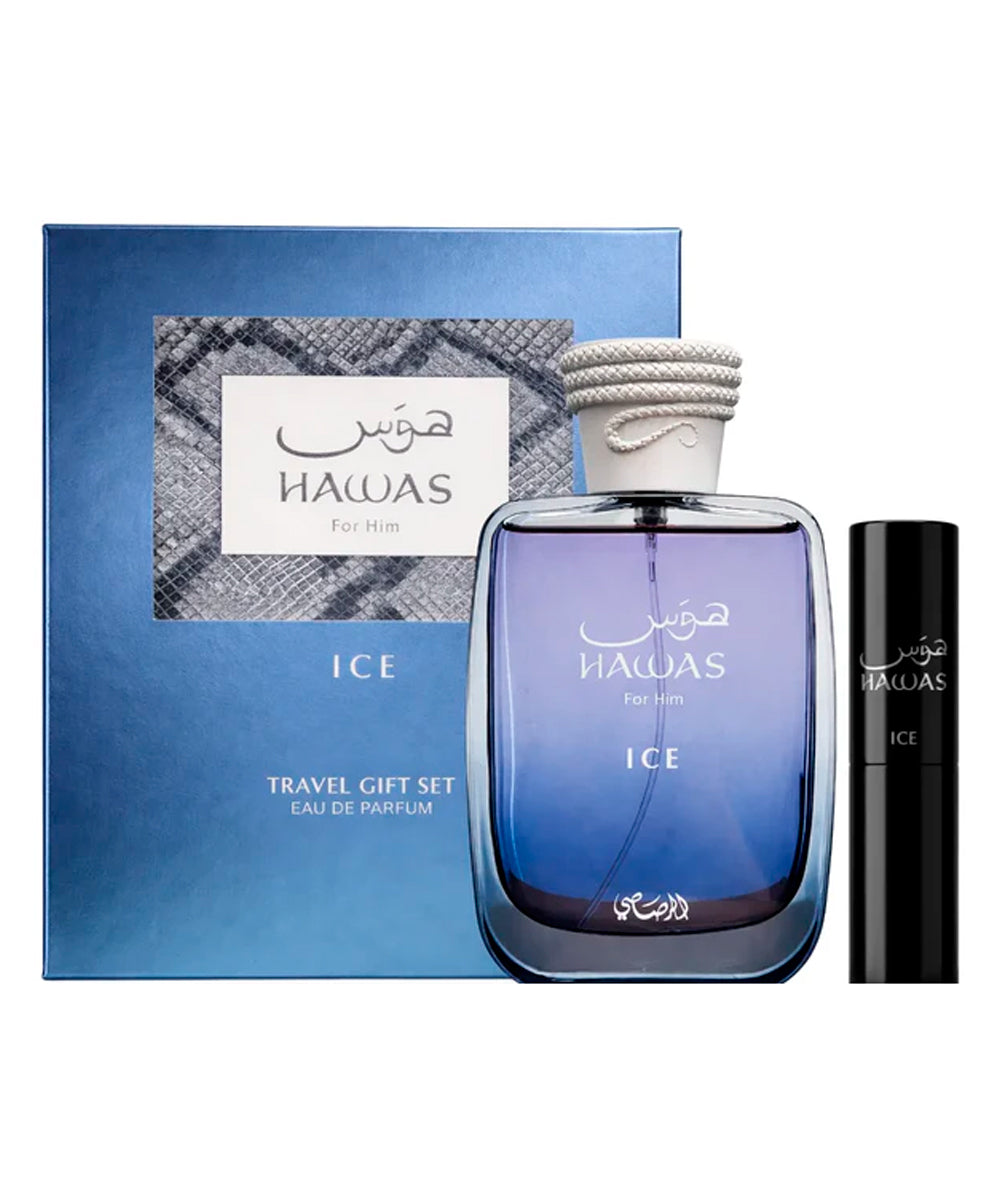 Rasasi Hawas Ice Eau de Parfum 3.4oz + Eau de Parfum 0.27oz Gift Set For Men