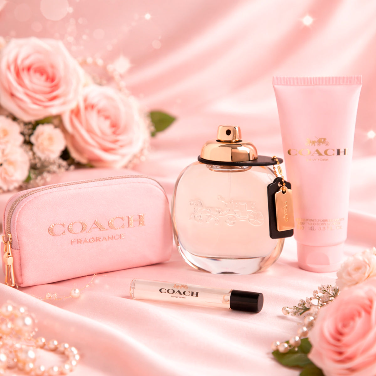 Coach New York Eau de Parfum 3oz + Body Lotion 3.3oz + Eau de Parfum 0.25oz + Pouch Gift Set For Women