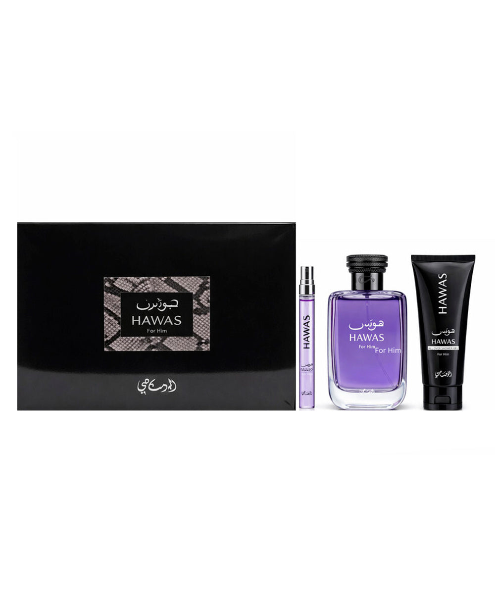 Rasasi Hawas Eau de Parfum 3.4oz + Shower Gel 2oz + Eau de Parfum 0.33oz Gift Set For Men