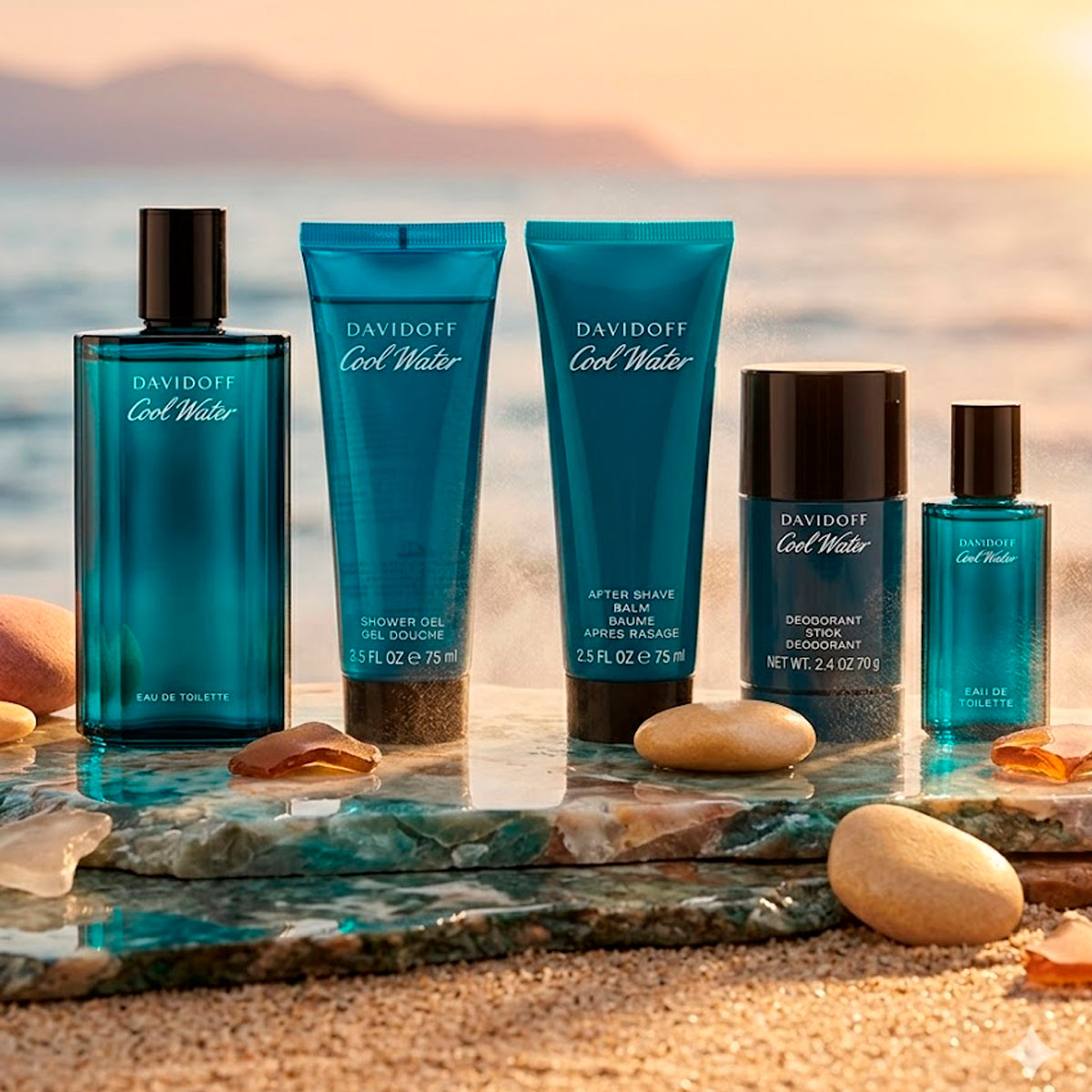 Davidoff Cool Water Eau de Toilette 4.2oz + Eau de Toilette 0.5oz + Deodorant Stick 2.4oz + Shower Gel 2.5oz + After Shave Balm 2.5oz Gift Set For Men