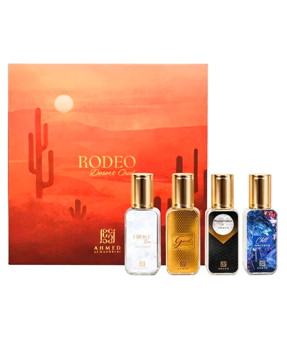 Ahmed Al Maghribi Rodeo Desert Chill Spectrum Eau de Parfum 0.5oz + Garnet Eau de Parfum 0.5oz + Prometheus Eau de Parfum 0.5oz + Frost Ice Eau de Parfum 0.5oz Gift Set Unisex