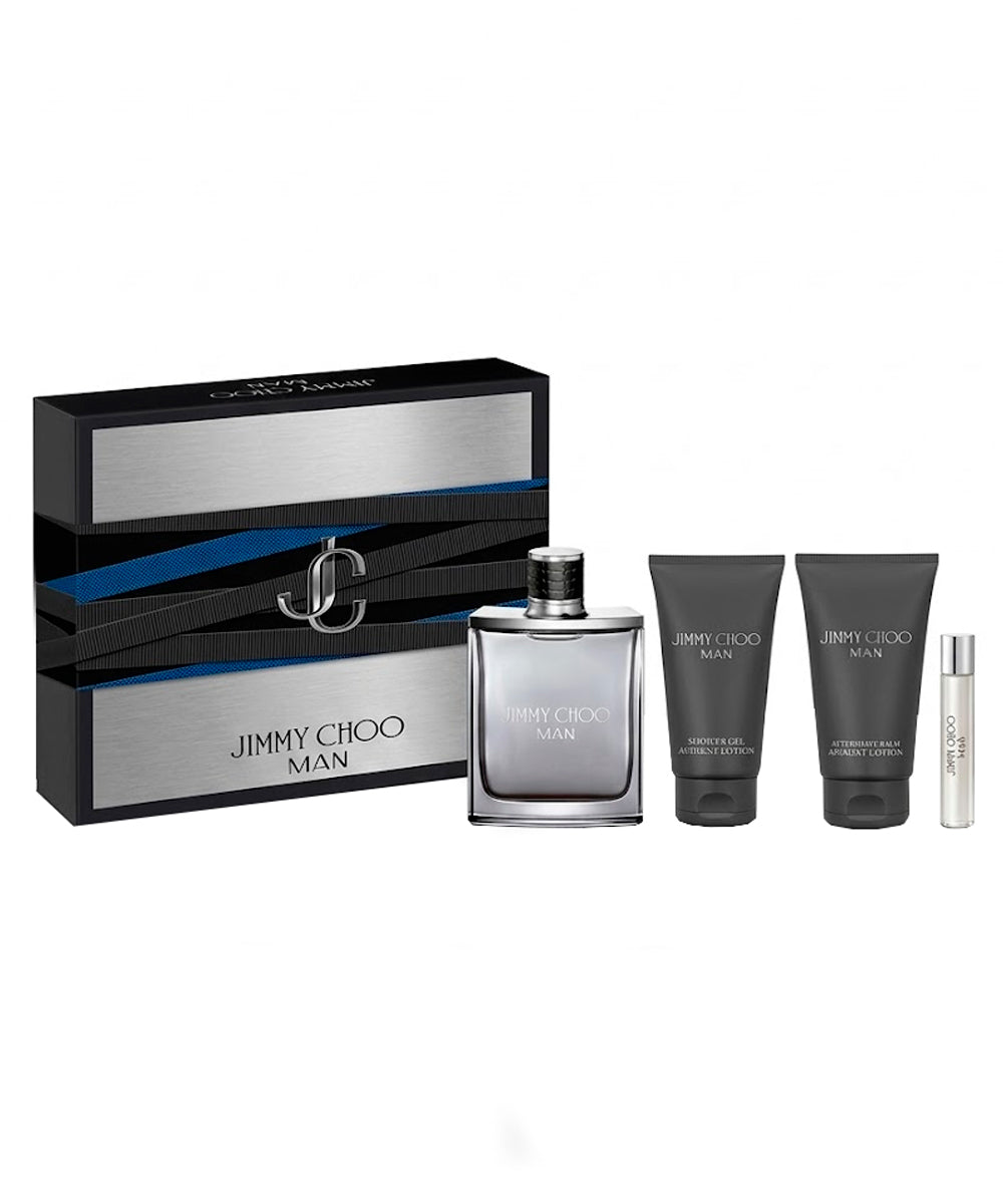 Jimmy Choo Man Eau de Toilette 3.3oz + Eau de Toilette 0.25oz + Aftershave Balm 3.3oz + Shower Gel 3.3oz Gift Set For Men