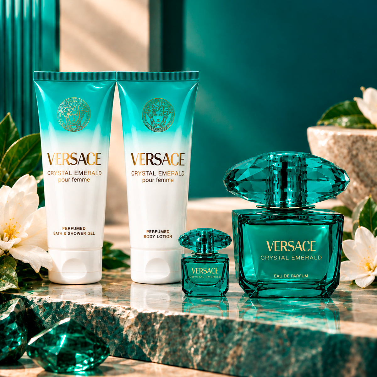 Gianni Versace Crystal Emerald Pour Femme Eau de Parfum 3oz + BodyLotion 3.4oz + ShowerGel 3.4oz + Eau de Parfum 0.17oz Gift Set For Women