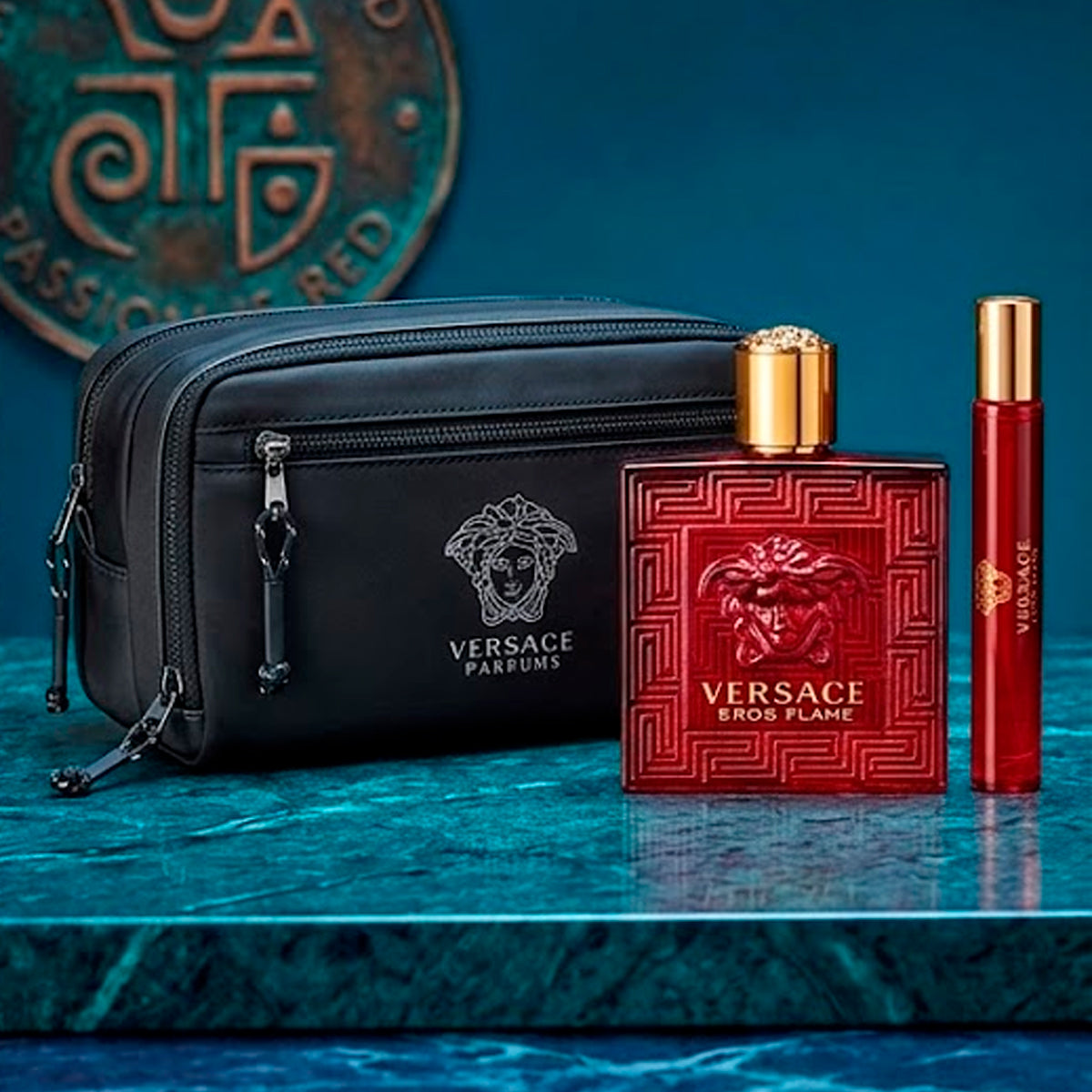 Gianni Versace Eros Flame Eau de Parfum 3.4oz + Eau de Parfum 0.17oz + Black Trousse Gift Set For Men