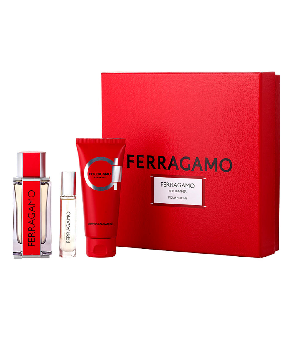 Salvatore Ferragamo Red Leather Eau De Parfum 3.4oz + Shower Gel 3.4oz + Eau De Parfum 0.34oz Gift Set For Men