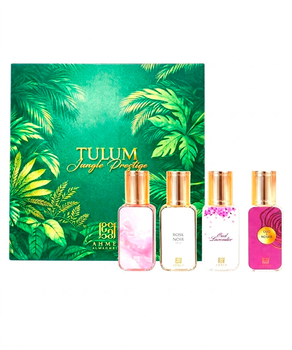 Ahmed Al Maghribi Tulum Jungle Prestige Oud & Roses Eau de Parfum 0.5oz + Rose Noir Eau de Parfum 0.5oz + Kaaf Pink Eau de Parfum 0.5oz + Oud Lavander Eau de Parfum 0.5oz Gift Set Unisex