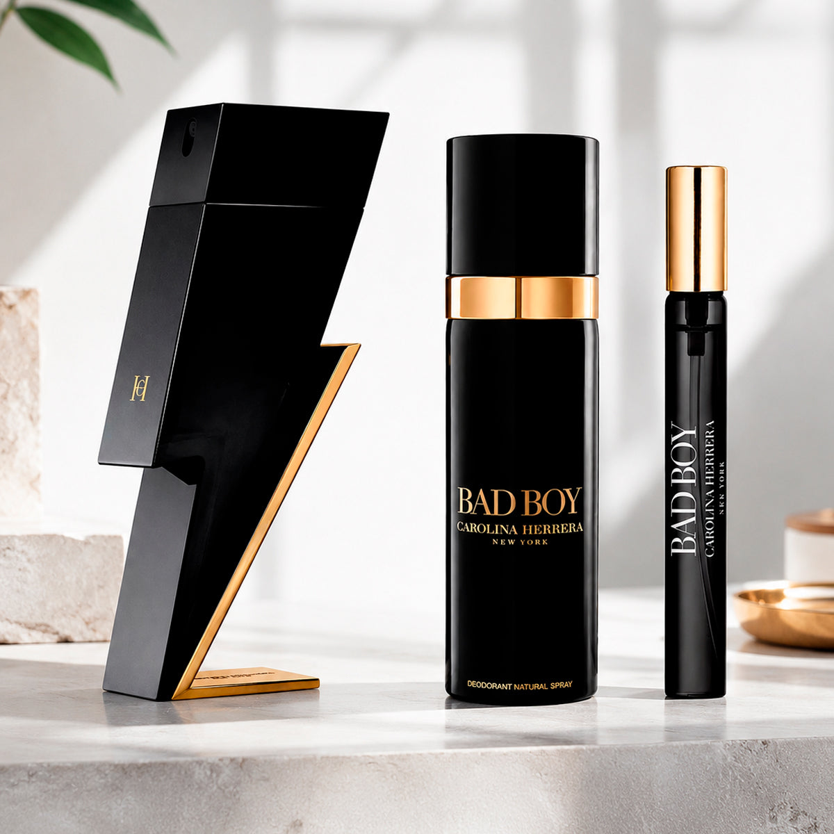 Carolina Herrera Bad Boy Eau de Toilette 3.4oz + Eau de Toilette 0.34oz + Deodorant Spray 3.4oz Gift Set For Men