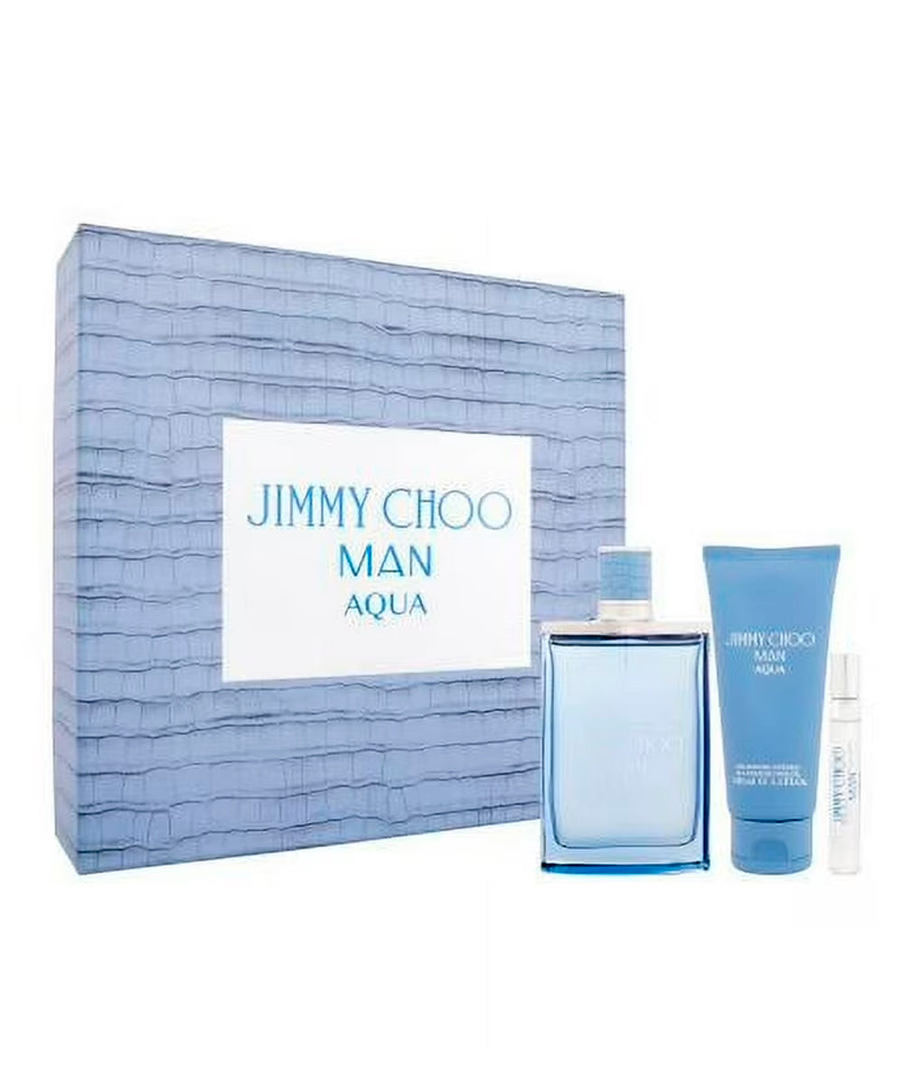 Jimmy Choo Man Aqua Eau De Toilette 3.3oz + Shower Gel 3.3oz + Eau De Toilette 0.25oz Gift Set For Men