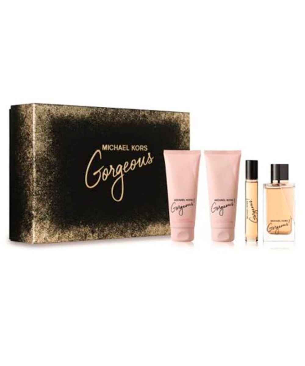 Michael Kors Gorgeous Eau de Parfum 3.4oz + Body Lotion 3.4oz + Shower Gel 3.4oz + Eau de Parfum 0.34oz Gift Set For Women