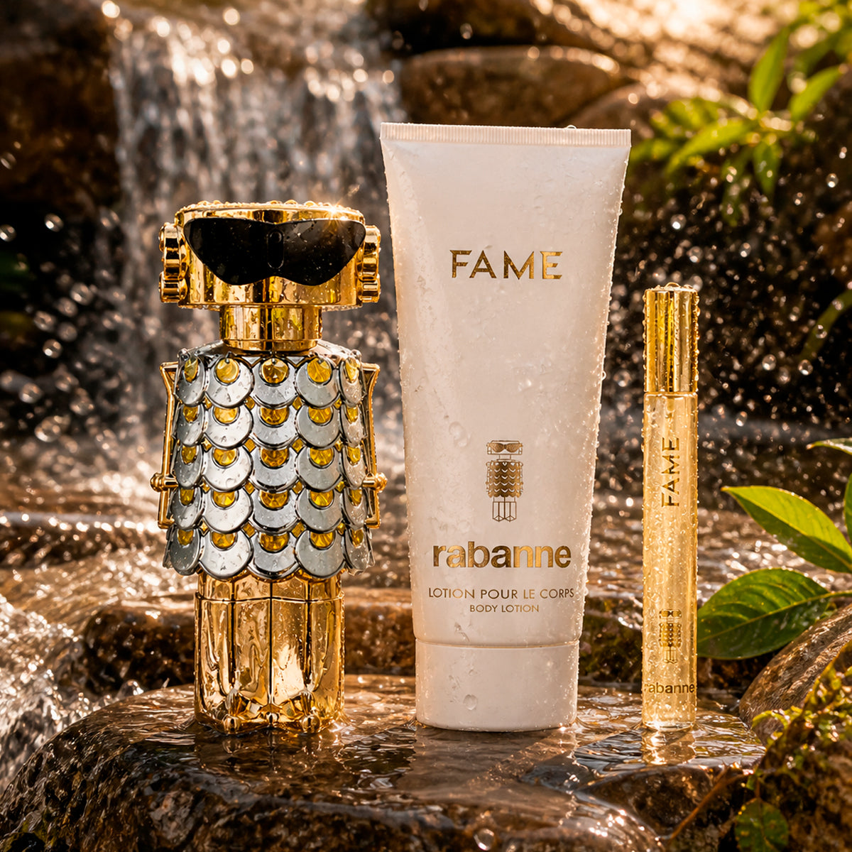 Paco Rabanne Fame Eau de Parfum 2.7oz + Eau de Parfum 0.34oz + Body Lotion 3.4oz Gift Set For Women