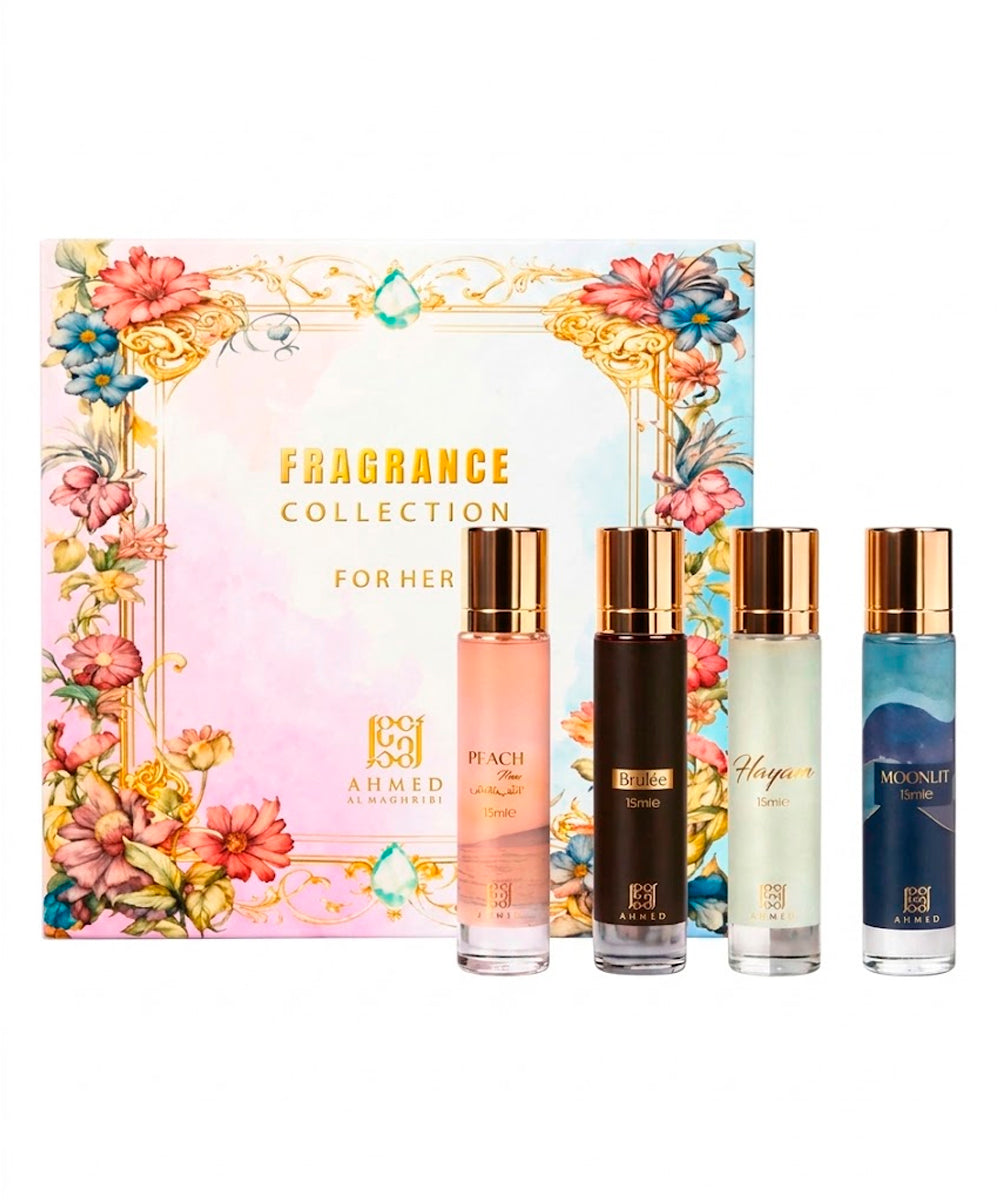 Ahmed Al Maghribi Fragrance Collection For Her Brulee Eau de Parfum 0.5oz + Peach Peach Eau de Parfum 0.5oz + Moonlit Eau de Parfum 0.5oz + Hayana Eau de Parfum 0.5oz Gift Set For Women