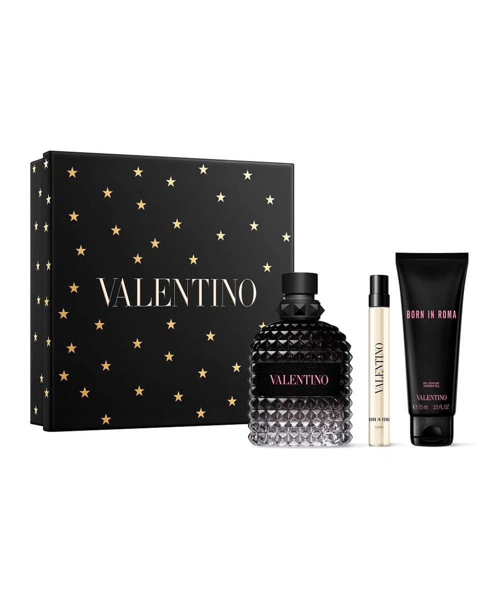 Valentino Uomo Born In Roma Eau de Toilette 3.4oz + Shower Gel 2.5oz + Eau de Toilette 0.34oz Gift Set For Men