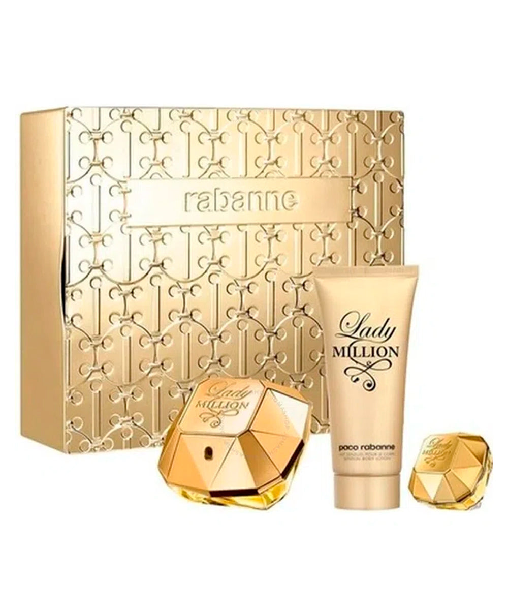 Paco Rabanne Lady Million Eau de Parfum 2.7oz + Eau de Parfum 0.17oz + Body Lotion 3.4oz  Gift Set For Women