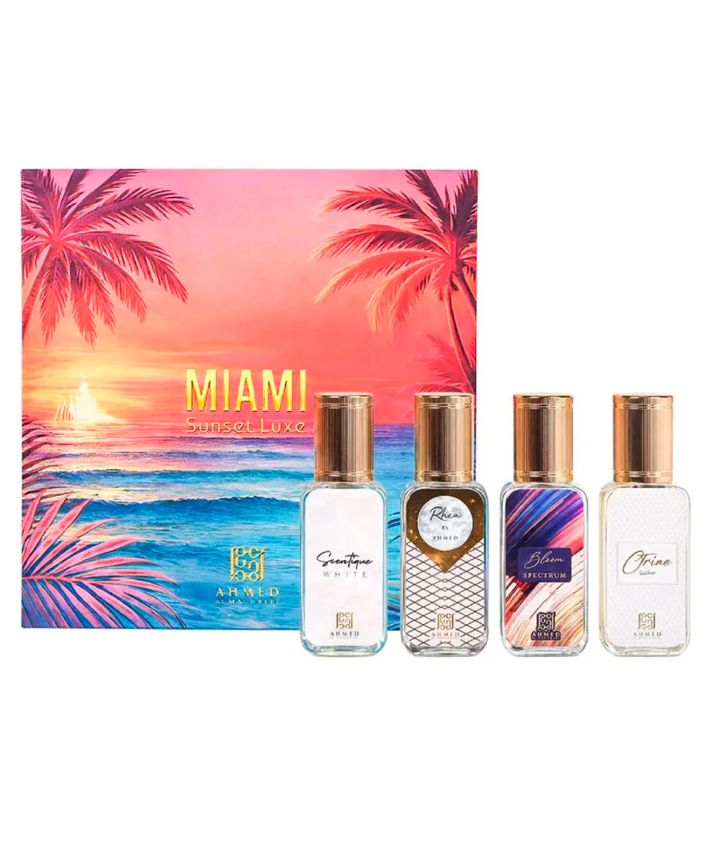Ahmed Al Maghribi Miami Sunset Luxe Scentique White Eau de Parfum 0.5oz + Rhea by Ahmed Eau de Parfum 0.5oz + Bloom Spectrum Eau de Parfum 0.5oz + Citrine Eau de Parfum 0.5oz Gift SetUnisex
