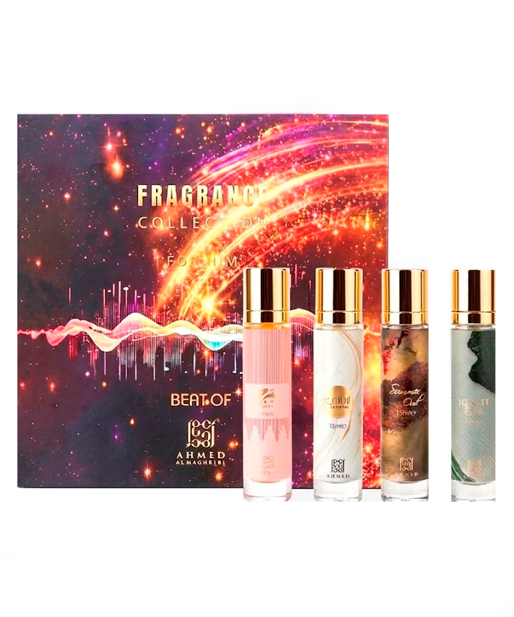 Ahmed Al Maghribi Fragrance Collection For Him Beat Of Marj Eau de Parfum 0.5oz + Laathani Eau de Parfum 0.5oz + Ignite Oud Eau de Parfum 0.5oz + Summer Eau de Parfum 0.5oz Gift Set For Men