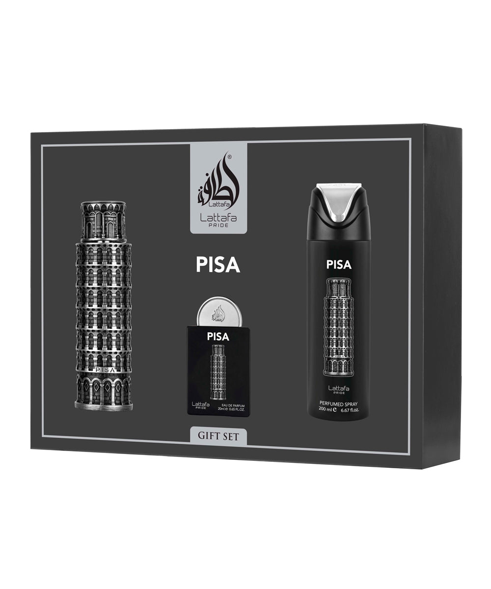 Lattafa Pride Pisa Eau de Parfum 3.4oz + Eau de Parfum 0.65oz + Perfumed 6.67oz Gift Set For Men