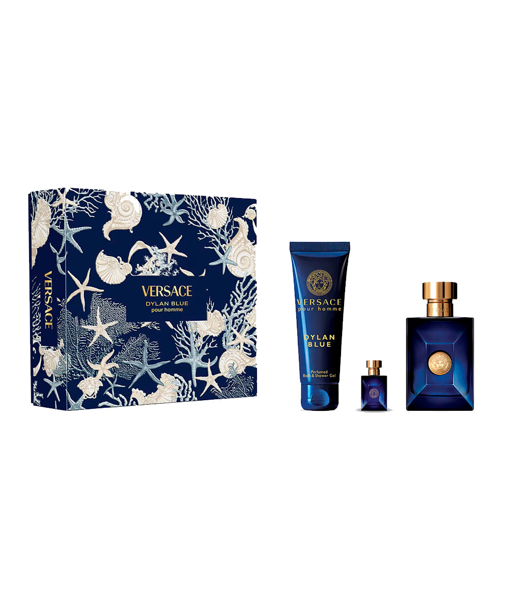 Gianni Versace Dylan Blue Eau De Toilette 3.4oz + Eau De Toilette 0.17oz + Shower Gel 5oz Gift Set For Men