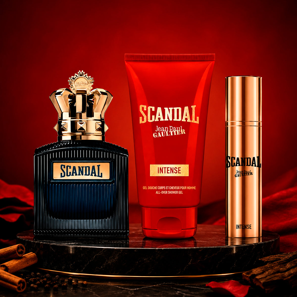 Jean Paul Gaultier Scandal Pour Homme Intense Eau de Perfum 3.4oz + Eau de Perfum 0.34oz + Gel Douche 2.5oz Gift Set For Men