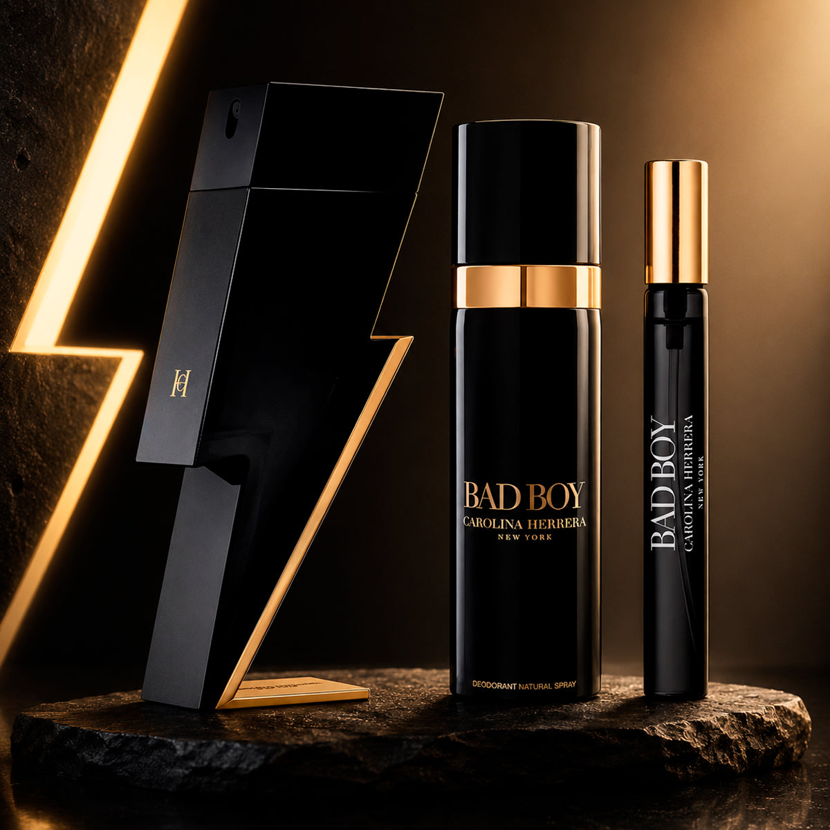 Carolina Herrera Bad Boy Eau de Toilette 3.4oz + Eau de Toilette 0.34oz + Deodorant Spray 3.4oz Gift Set For Men