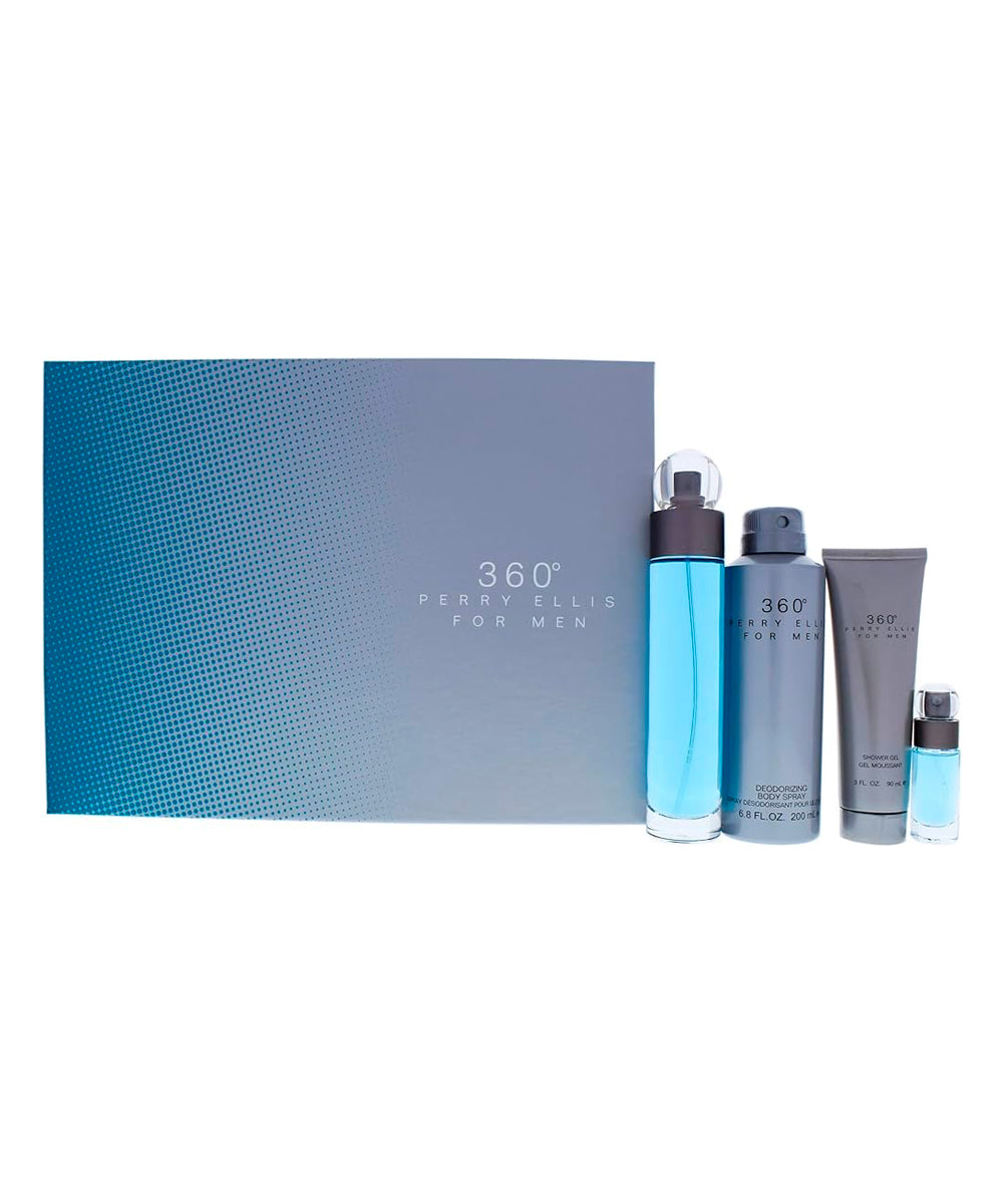 Perry Ellis 360 Eau de Toilette 3.4oz + Body Spray 6oz+ Shower Gel 3oz + Eau de Toilette 0.25oz Gift Set For Men
