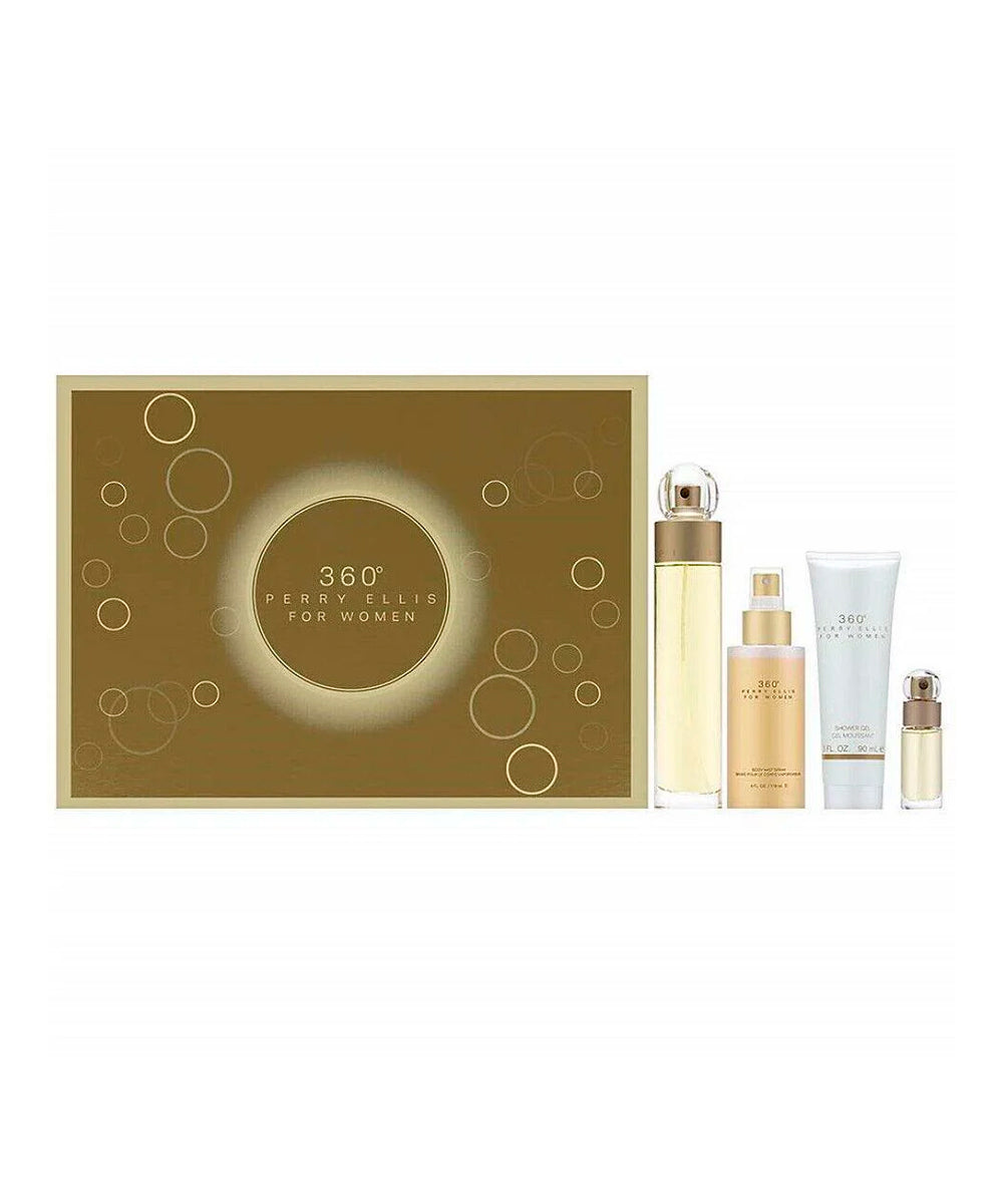 Perry Ellis 360 Eau de Toilette 3.4oz + Body Mist 4oz + Shower Gel 3oz + Eau de Toilette 0.25oz Gift Set For Women