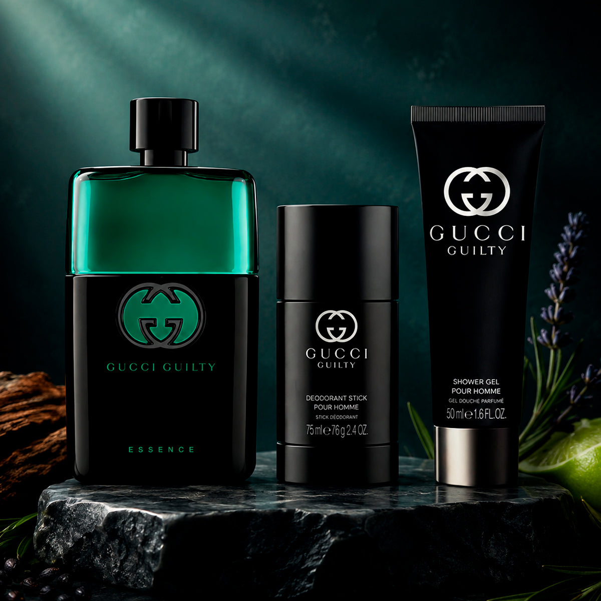 Gucci Guilty Essence Eau de Toilette 3oz + Deodorant Stick 2.4oz + Shower Gel 1.6oz Gift Set For for Men