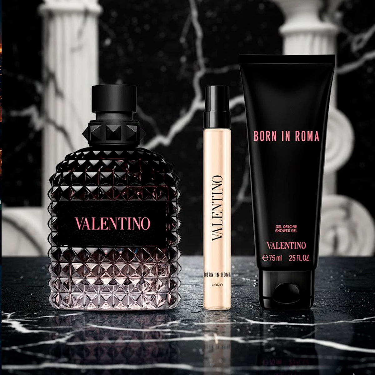 Valentino Uomo Born In Roma Eau de Toilette 3.4oz + Shower Gel 2.5oz + Eau de Toilette 0.34oz Gift Set For Men