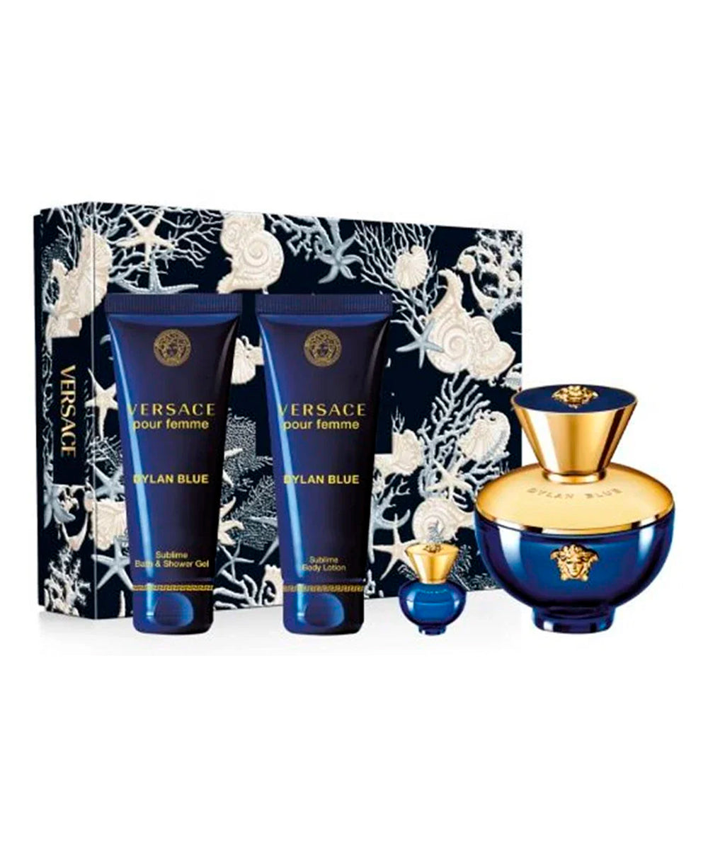 Gianni Versace Dylan Blue Pour Femme Eau De Parfum 3.4oz + Body Lotion  3.4oz + Bath / Shower Gel 3.4oz +  Eau De Parfum 0.17oz Gift Set For Women