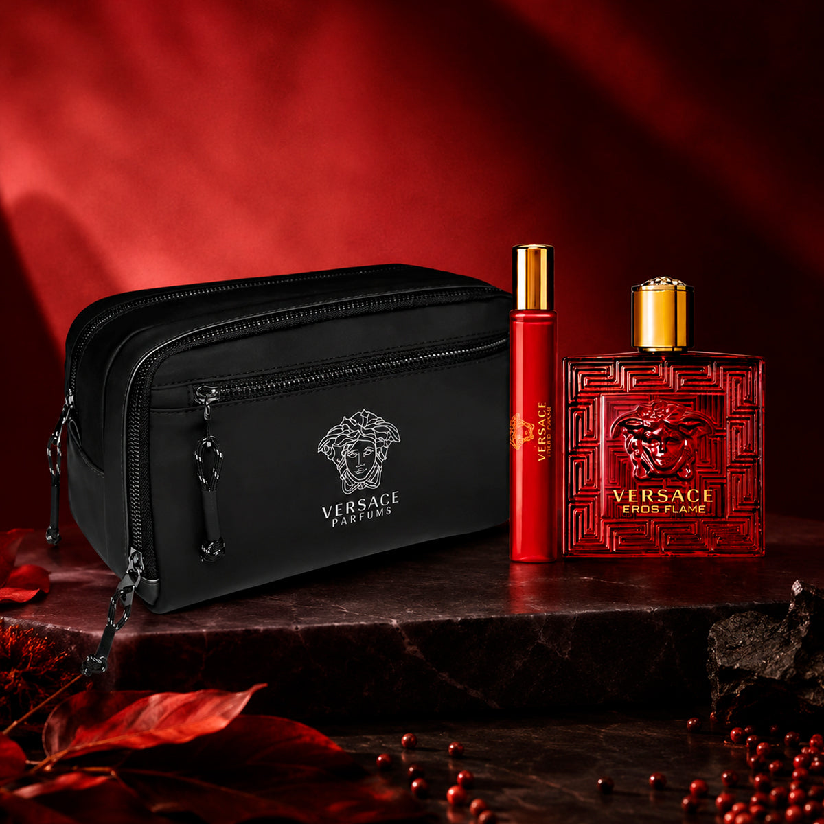 Gianni Versace Eros Flame Eau de Parfum 3.4oz + Eau de Parfum 0.17oz + Black Trousse Gift Set For Men