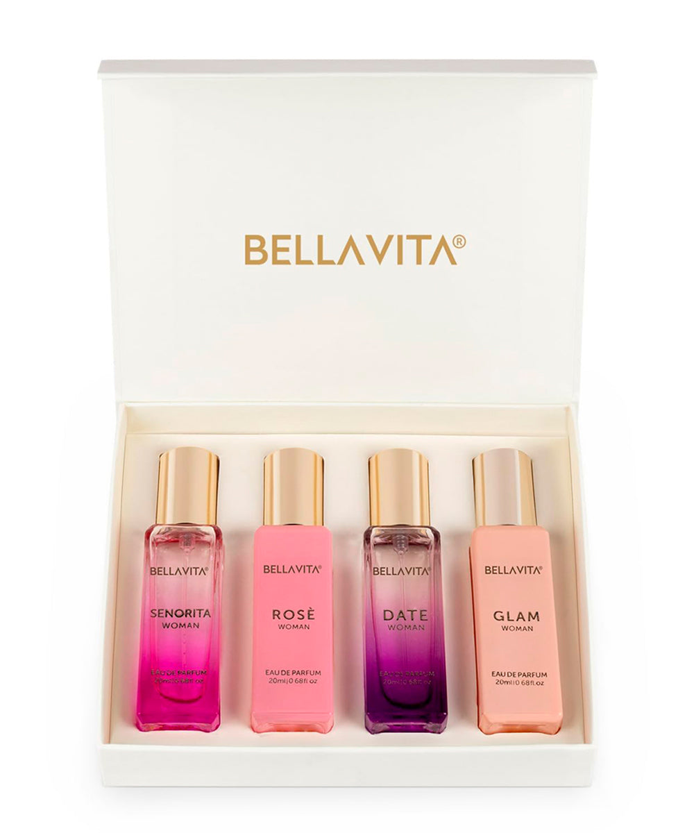 Bellavita Luxury Rose Eau de Parfum 0.68oz + Glam Eau de Parfum 0.68oz + Date Eau de Parfum 0.68oz + Senorita Eau de Parfum 0.68oz Gift Set For Woman