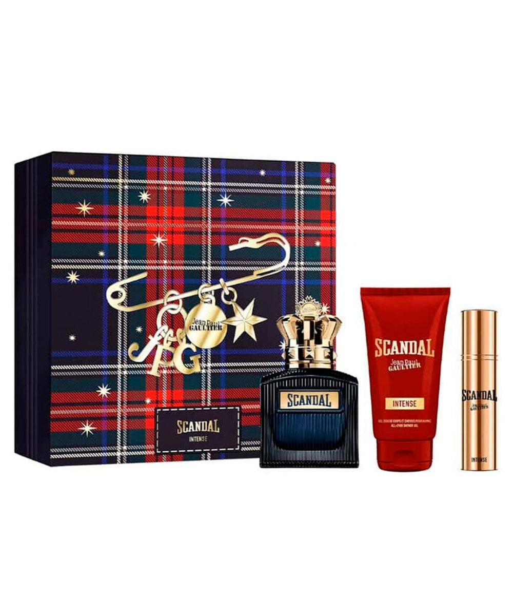 Jean Paul Gaultier Scandal Pour Homme Intense Eau de Perfum 3.4oz + Eau de Perfum 0.34oz + Gel Douche 2.5oz Gift Set For Men