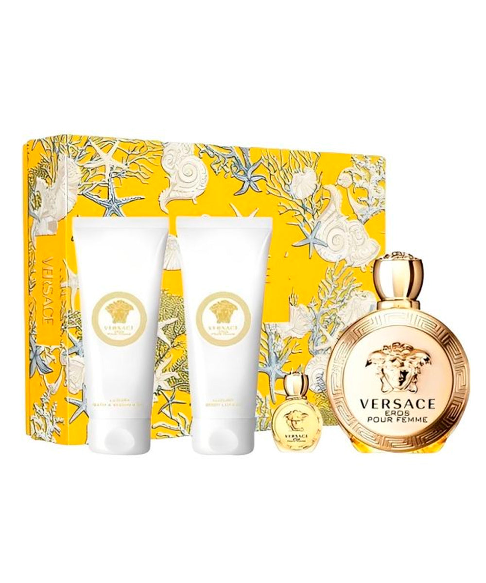 Gianni Versace Eros Pour Femme Eau De Parfum 3.4oz + Body Lotion 3.4oz + Shower Gel 3.4oz +  Eau De Parfum 0.17oz Gift Set For Women