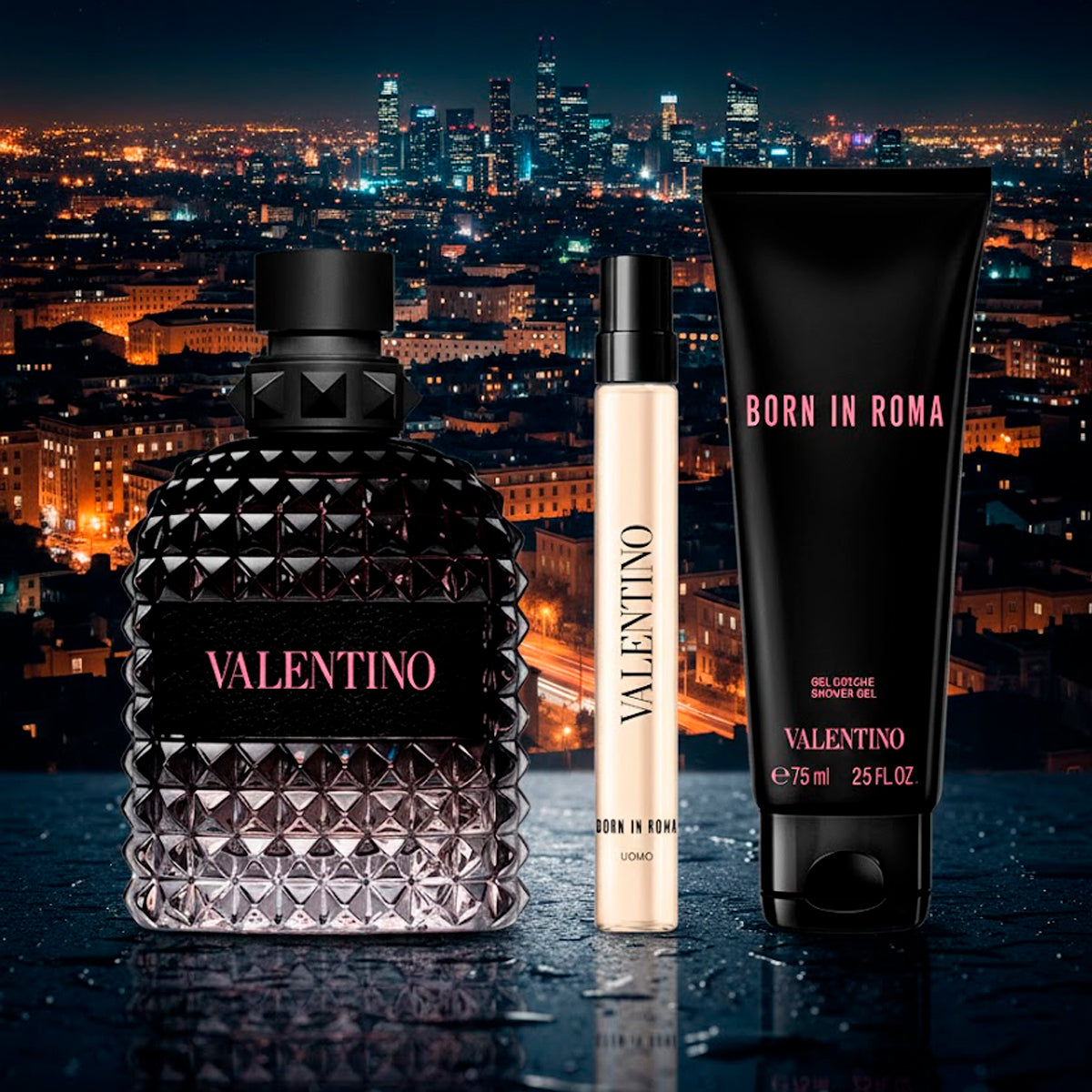 Valentino Uomo Born In Roma Eau de Toilette 3.4oz + Shower Gel 2.5oz + Eau de Toilette 0.34oz Gift Set For Men