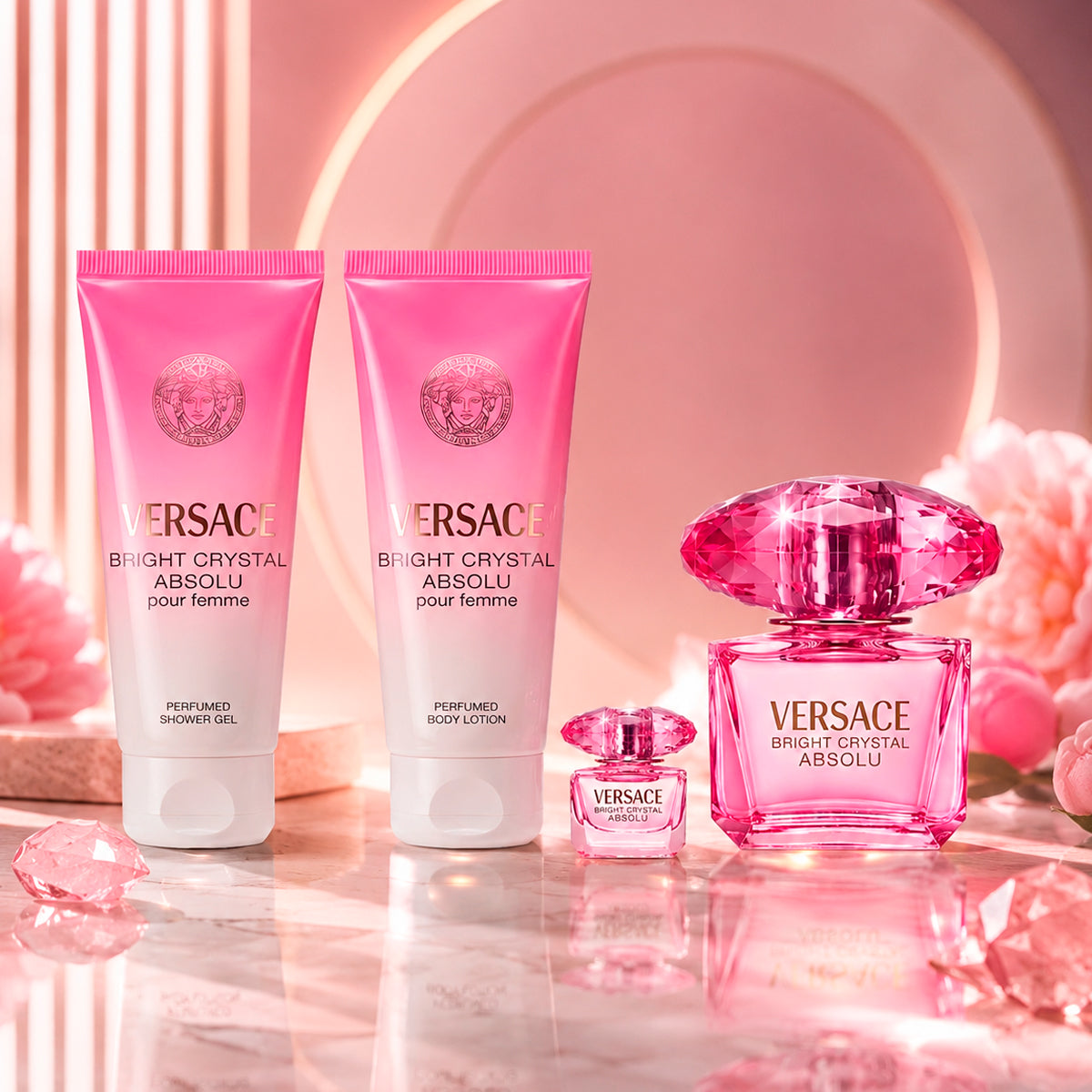 Gianni Versace Bright Crystal Absolu Eau de Perfum 3oz + Eau de Perfum 0.17oz + BodyLotion 3.4oz + Shower Gel 3.4oz Gift Set For Women