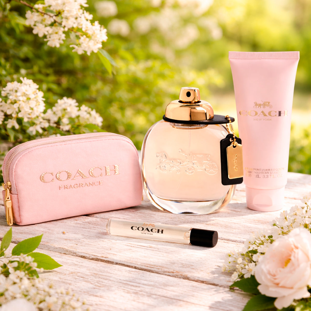 Coach New York Eau de Parfum 3oz + Body Lotion 3.3oz + Eau de Parfum 0.25oz + Pouch Gift Set For Women