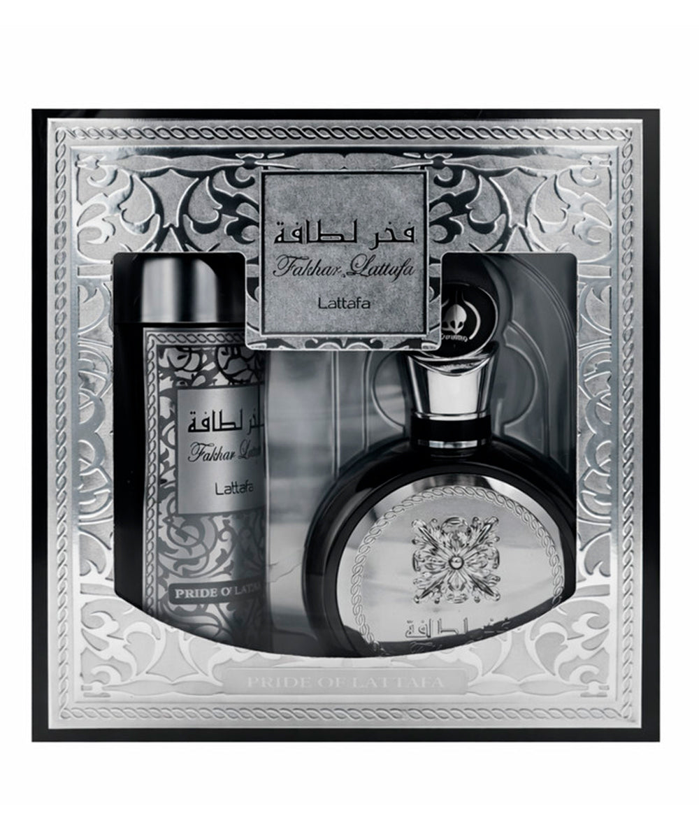 Lattafa Fakhar Silver 3.4oz Eau de Parfum + Deodorant 6.8oz Gift Set for Men