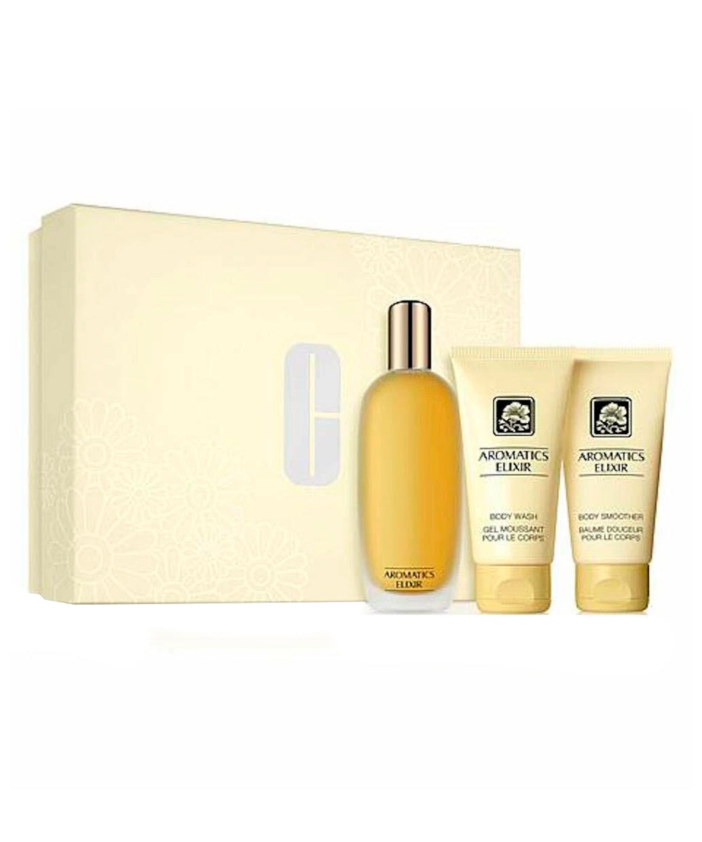 Clinique Aromatics Elixir Perfume 3.4oz + Body Smoother 2.5oz + Body Wash 2.5oz Gift Set for Women (Damage Box)