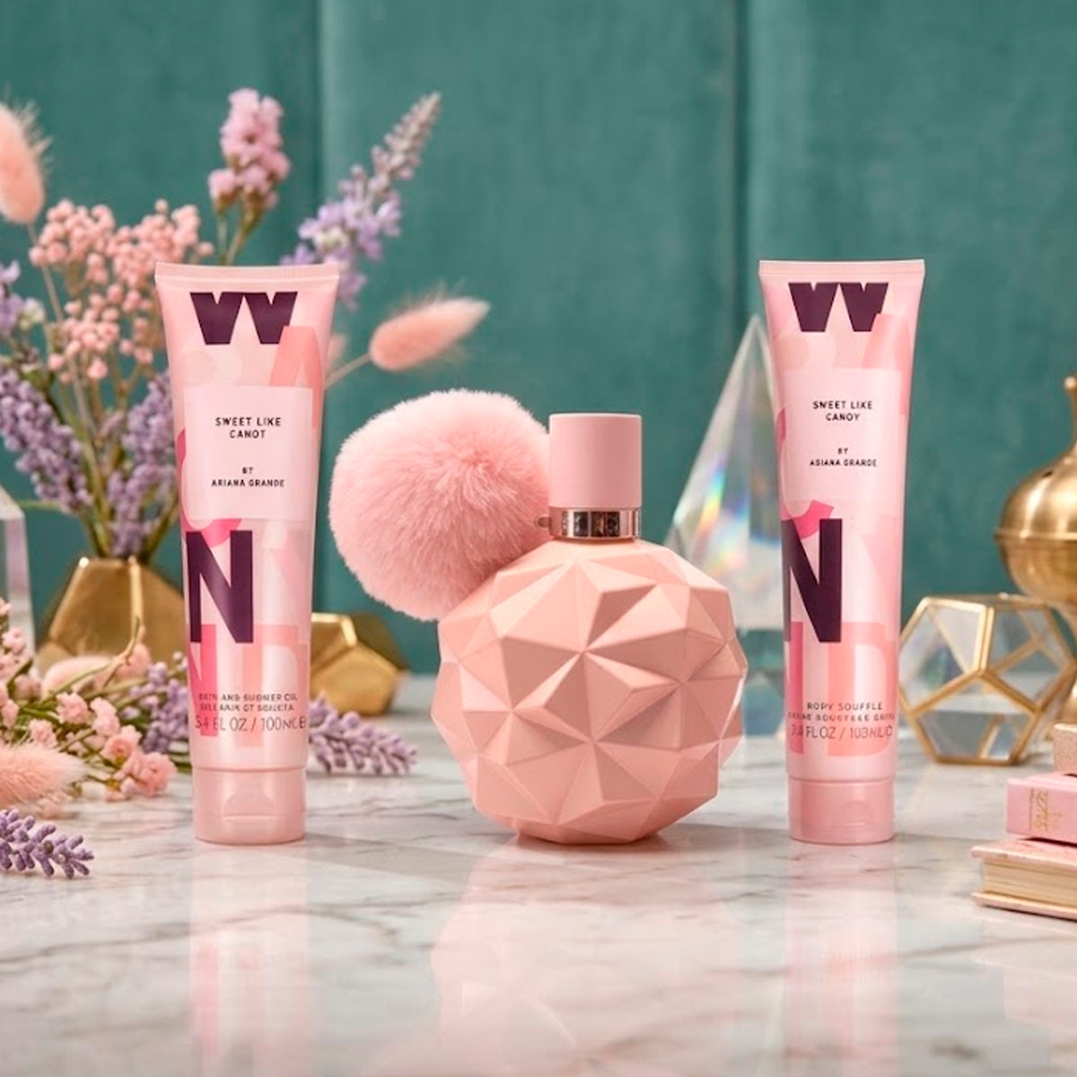 Ariana Grande Sweet Like Candy Eau De Parfum 3.4oz + Body Souffle 3.4oz + Shower Gel 3.4oz Gift Set For Women