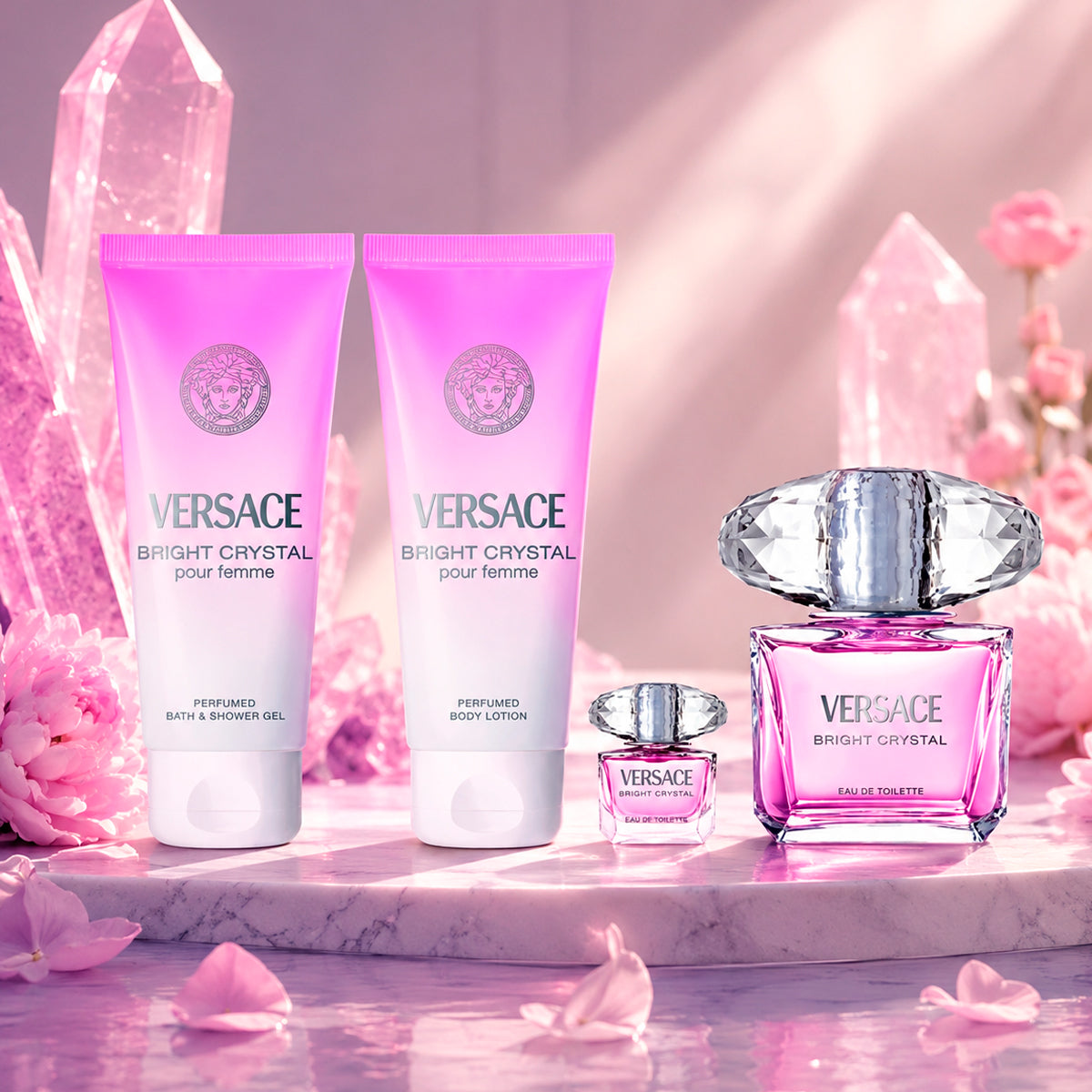 Gianni Versace Bright Crystal Eau de Toilette 3oz + Eau de Toilette 0.17oz + BodyLotion 3.4oz + Shower Gel 3.4oz Gift Set For Women