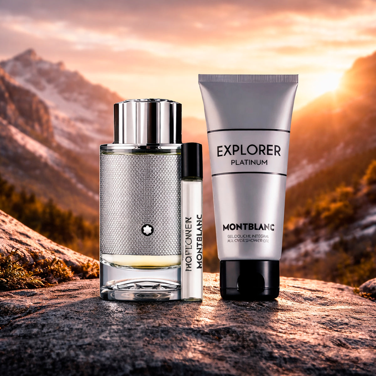 Montblanc Explorer Platinum Eau de Parfum 3.3oz + Eau de Parfum 0.25oz + Shower Gel 3.3oz Gift Set For Men