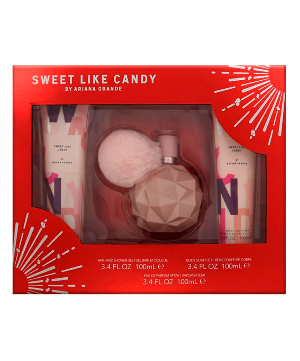 Ariana Grande Sweet Like Candy Eau De Parfum 3.4oz + Body Souffle 3.4oz + Shower Gel 3.4oz Gift Set For Women