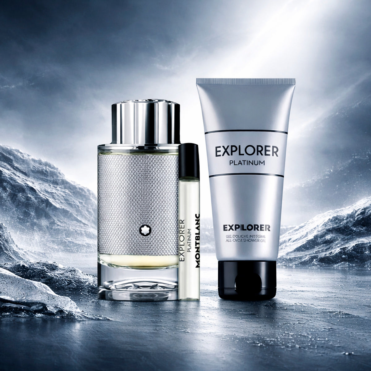 Montblanc Explorer Platinum Eau de Parfum 3.3oz + Eau de Parfum 0.25oz + Shower Gel 3.3oz Gift Set For Men