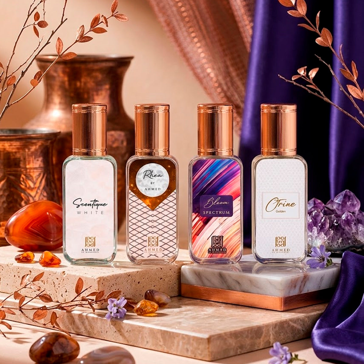 Ahmed Al Maghribi Miami Sunset Luxe Scentique White Eau de Parfum 0.5oz + Rhea by Ahmed Eau de Parfum 0.5oz + Bloom Spectrum Eau de Parfum 0.5oz + Citrine Eau de Parfum 0.5oz Gift Set Unisex