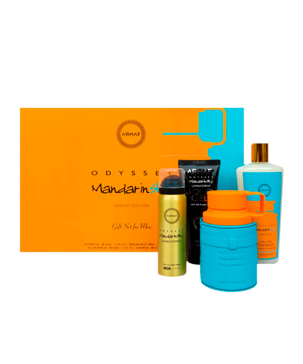 Armaf Odyssey Mandarin Sky Eau De Parfum 3.4oz + Body 1.7oz + Shower Gel 3.4oz + Shampoo 8.4oz Gift Set For Men