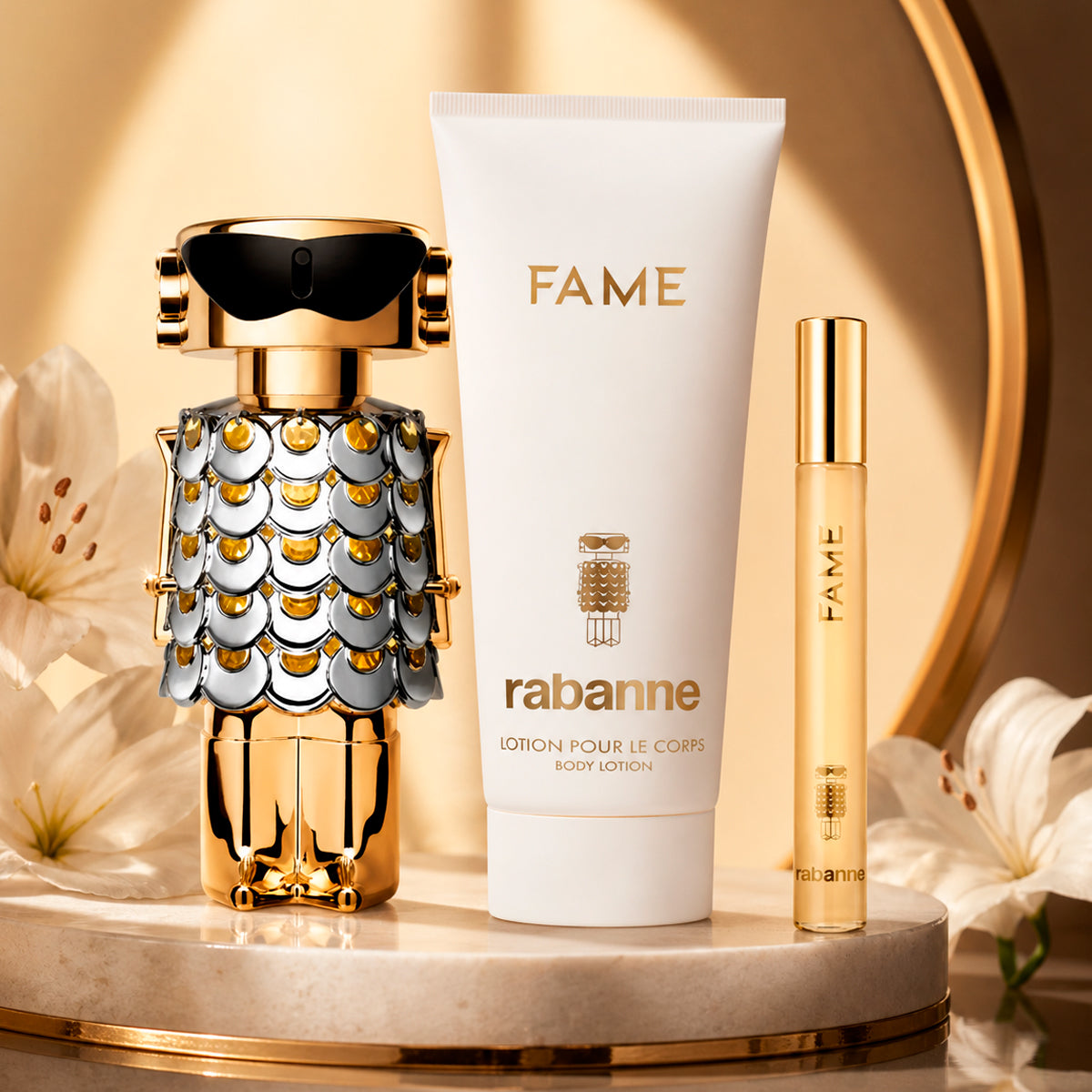 Paco Rabanne Fame Eau de Parfum 2.7oz + Eau de Parfum 0.34oz + Body Lotion 3.4oz Gift Set For Women