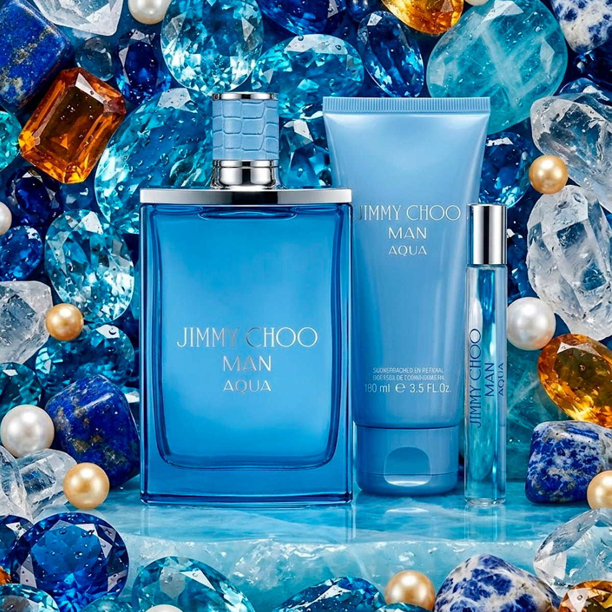 Jimmy Choo Man Aqua Eau De Toilette 3.3oz + Shower Gel 3.3oz + Eau De Toilette 0.25oz Gift Set For Men